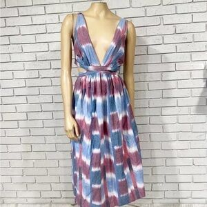 Blue, Pink, and Purple Midi Dress - Size L - Anthropologie - Deep V, Pockets